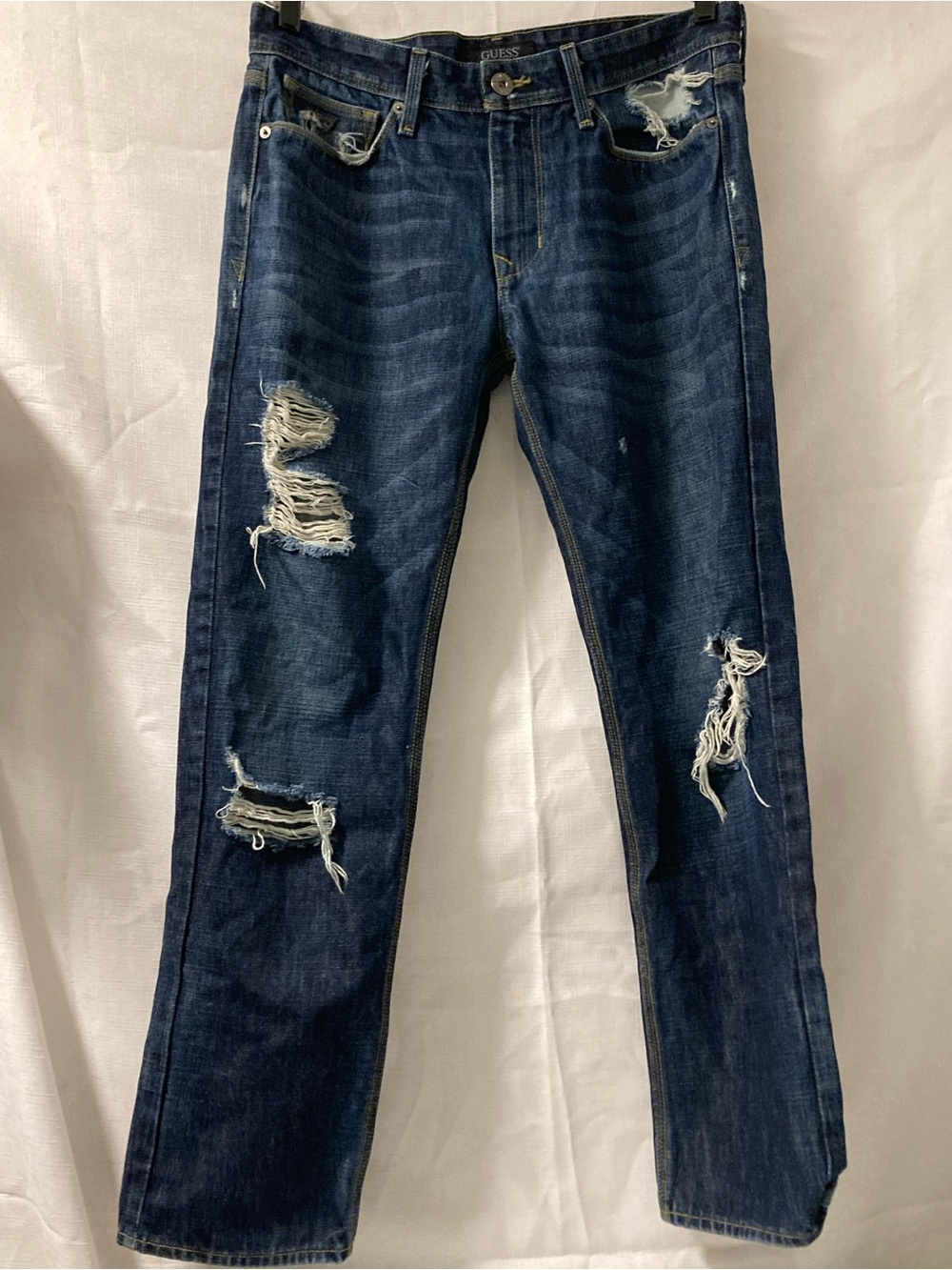 GUESS Lincoln Men’s Distressed Slim Straight Jeans 34x32 Dark Wash